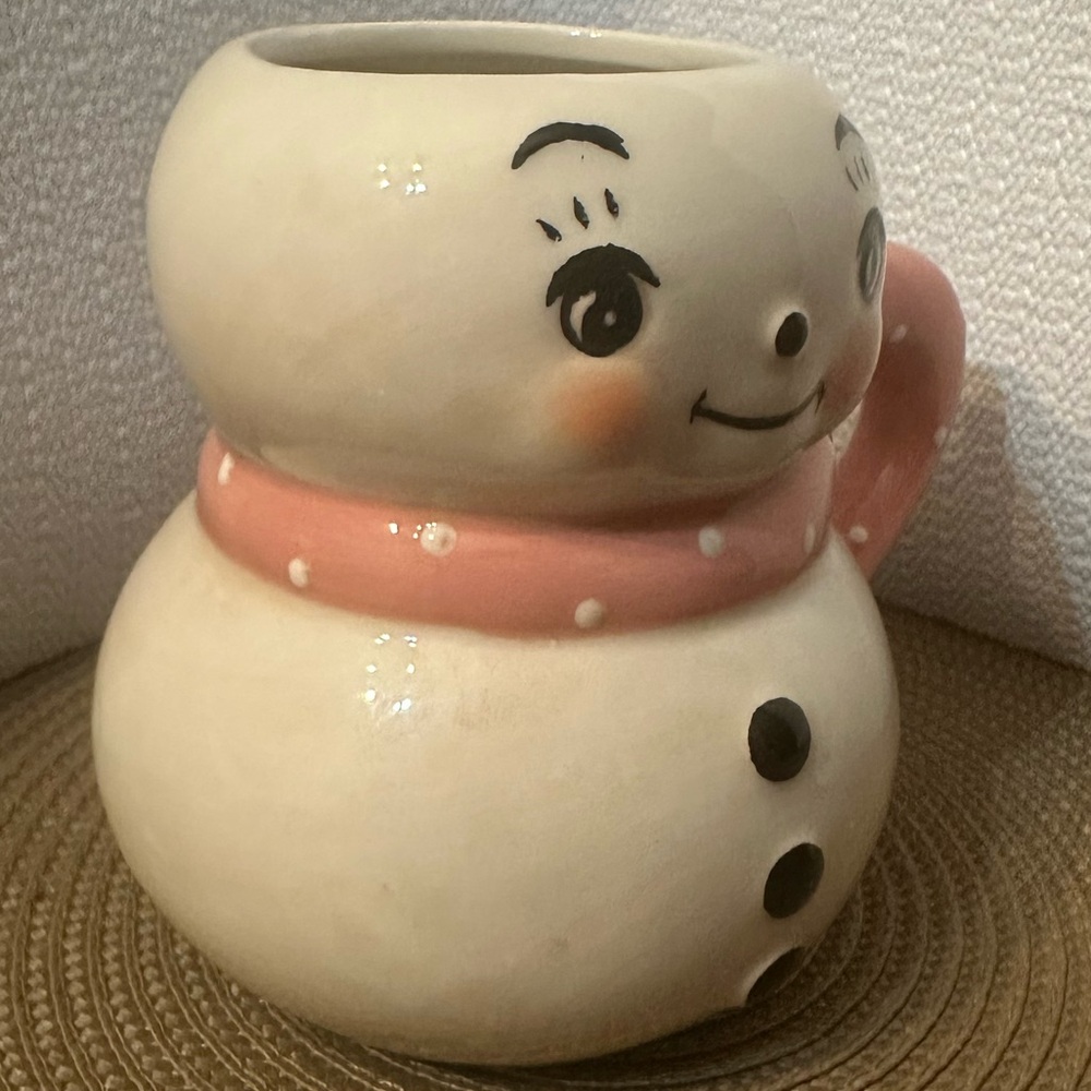 Whimsical Snowman Ceramic Mug with Pink Handle - Picture 3 of 9